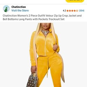 Women's Yellow Velour Zip-Up Crop Jacket & Bell Bottom Pants Set